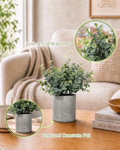 Velener Set of 3 Small Fake Plants Eucalyptus, Artificial Plants Indoor for Shelf, Potted Eucalyptus Plants for