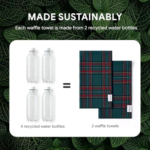 RECYCO Christmas Waffle Kitchen Towel Set of 2 - Quick Dry Microfiber Sustainable Dish Towels - Ultra Absorbent Reusable Cleaning Tea Towels - Lightweight Hand Towels,16”x 28”, Stewart Plaid Green