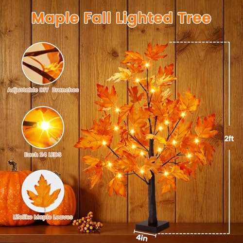 2 Pack 2FT Fall Decorations for Home Artificial Fall Lighted Maple Tree