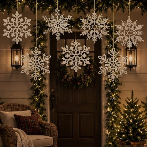 12pcs Large Champagne Gold Snowflakes Ornaments 12” Big Plastic Glitter Snowflake for Winter Indoor Outdoor Christmas Tree Window Room Decorations Giant Craft Snowflakes