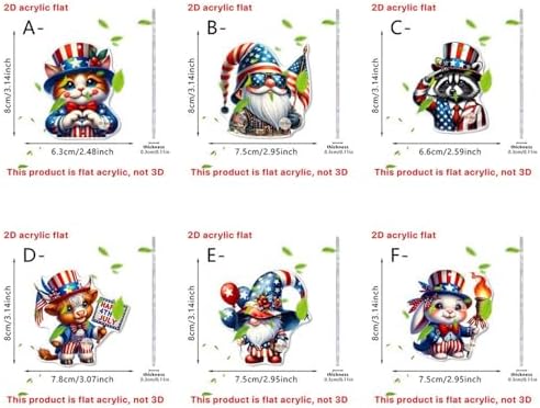 6 Pcs 4th of July Hanging Ornaments 2D Acrylic Independence Day Tree Decorations Cute Cartoon Animal Hanging Tree Ornament with Ropes 250th Anniversary Hanging Pendant for Holiday Party Supplies