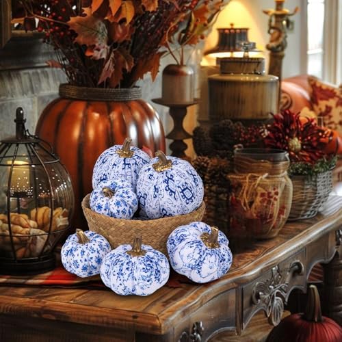 GnFlus Fake Pumpkin Decor 6 Pcs Faux Pumpkins Small Blue and White Velvet Pumpkins Mini Artificial Pumpkin Fall Decorations for Home Table Farmhouse Mantel Halloween Thanksgiving