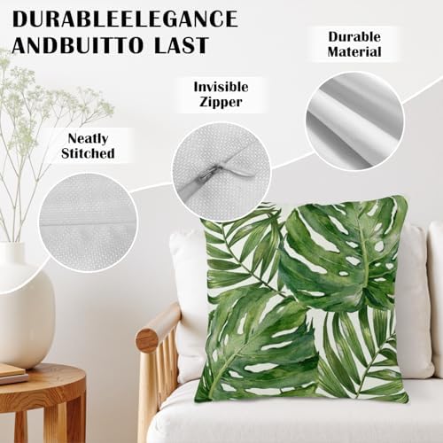 Summer Tropical Pillow Covers 18x18 Set of 2 Green Palm Leaf Decorative Throw Pillows Case Monstera Botanical Leaves Tropical Outdoor Cushion Cover for Sofa Couch Garden Home Decor