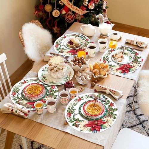 50 Pack Christmas Paper Placemats Disposable Poinsettia Place Mats 13.4 Inch Red Green Christmas Flower Decorative Round Table Mats for Xmas Winter Birthday Wedding Baby Shower Party Supplies
