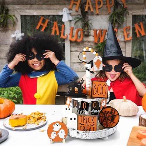 Umigy 15 Pcs Halloween Tiered Tray Decor Orange Ghost Wooden Signs Boo