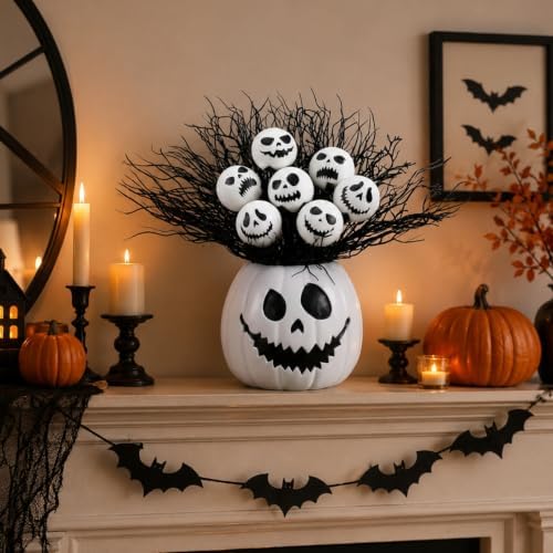 Wiwiqing Halloween Table Centerpieces Decor Resin Pumpkin Vase with Artificial Ghost Skull Face Balls Branch Flower Soil, Retro DIY Spooky Pumpkin Vase for Home Kitchen Indoor Decoration(Scary Face)