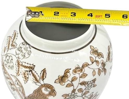 Galt International 14" Brown & White Floral Parrot Ceramic Porcelain Ginger Jar Floral Home Décor Jar Urn Shape Vase