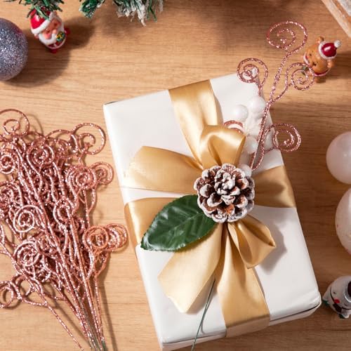Ysleen 50 Pcs Glitter Tree Picks and Sprays Twigs Branches, Rose Gold