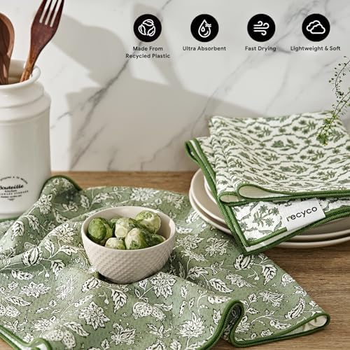 RECYCO Waffle Kitchen Towel Set of 2 - Quick Dry Microfiber Sustainable Dish Towels - Ultra Absorbent Reusable Cleaning Tea Towels - Lightweight Hand Towels,16”x 28”, Thyme & Vine