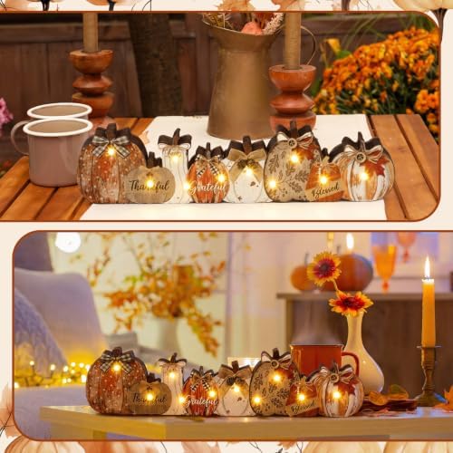 Yousoontic Fall Table Decorations, Light up Pumpkin Table Centerpieces Rustic Wooden Sign Decor with LED Lights 3D Block Pumpkin Decor for Autumn Thanksgiving Harvest Farmhouse Home Mantel Desk Party
