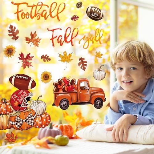 Whaline 6 Sheet Fall Football Window Clings Fall Y'all Reusable Window Decals Maple Leaves Pumpkin Truck Glass Sticker for Autumn Thanksgiving School Office Supplies Home Decor