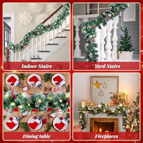 BlessedSeason 12FT Christmas Garland with Lights, Artificial Lighted Garland Indoor for Stairs, Fireplace, 65 Lights Green Garland, Cones & Red Berries & Pine Needle