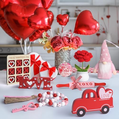 8 PCS Valentine's Day Tiered Tray Decor, Valentine Home Decor for Table,Wooden with LOVE and Car,Handmade Crochet Rose, XOXO Rolling Pin, Gnome, Farmhouse Fireplace Mantle Decor , Home Kitchen Decorations Valentines Day Gift Idea