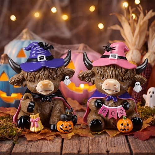 Karenhi 2 Pcs Halloween Highland Cow Figurines, Witch Hat Pumpkin Decor