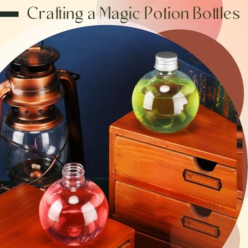 Jinei 9 Pcs 8 Oz Clear Plastic Potion Bottles Sphere Corked,Silver,Lid