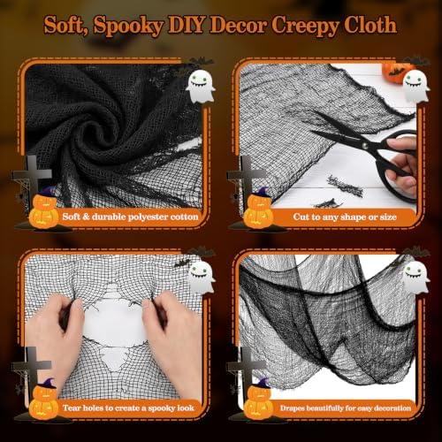 ZeeDix 6 Pack Halloween Creepy Cloth 30 × 75 Inch - Halloween Cheesecloth Decoration Spooky Scary Gauze Cheese Cloth for Party Supplies Outdoor Yard Home Wall Doorway(Black, White)