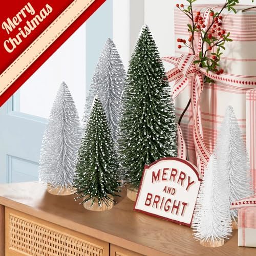 6pcs Mini Christmas Trees Christmas Decor, Artificial Christmas Mini Bottle Brush Trees Tabletop, Christmas Decoration Trees with 4 Size Xmas Holiday Decor (6pcs Green+Silver+White)