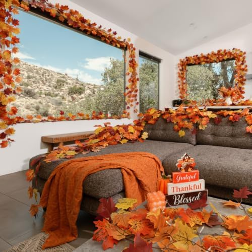 CQURE 9 Pack Fall Leaf Garland, Total 70 Ft Artificial Fall Maple Leaves Autumn Vines Garland Thanksgiving Decor for Home Fireplace Party