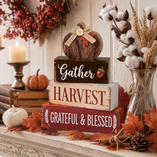 PAPER FAIR Fall Wood Block Sign, Rustic Autumn Pumpkin Stacked Table Centerpiece, Gather Harvest Grateful Blessed Farmhouse Tiered Tray Decor, Thanksgiving Home Mantel Desk Decoration
