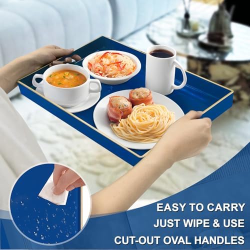 MAONAME Navy Blue Serving Tray with Handles, Plastic Modern Decorative Tray