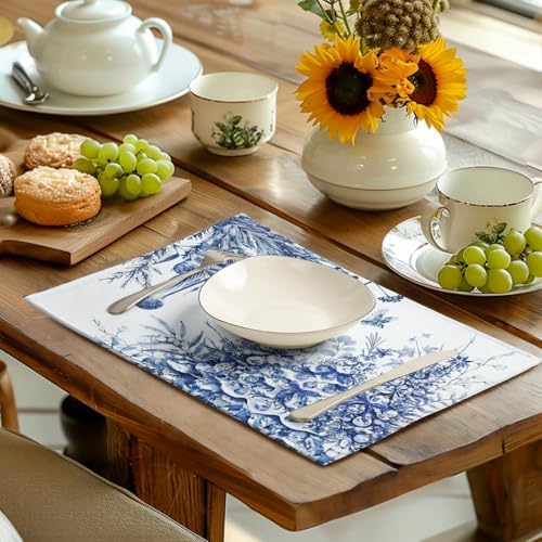Blue and White Christmas Tree Placemats Set of 4, 12x18 Inch Chinoiserie Xmas Place Mats Winter Holiday Washable Linen Table Mats for Party Kitchen Dining Outdoor Indoor Decor
