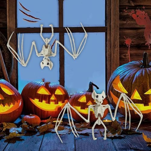 2Pcs Bat Skeleton Halloween Decor Sculpture Scary Centrepiece Animal Skeleton Fish Bone for Indoor Outdoor Spooky Scene Garden Decoration