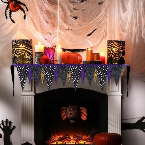 VitalCozy Halloween Fireplace Mantel Scarf Purple Orange Black,Spider Web