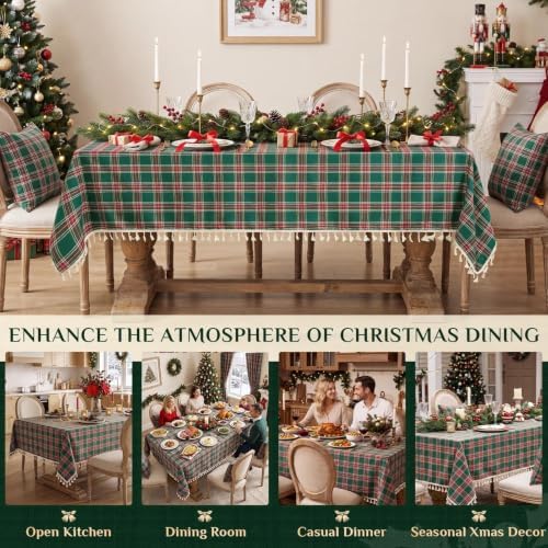 Softalker Christmas Plaid Tassel Tablecloth Rectangle, Green, 55" x 102"