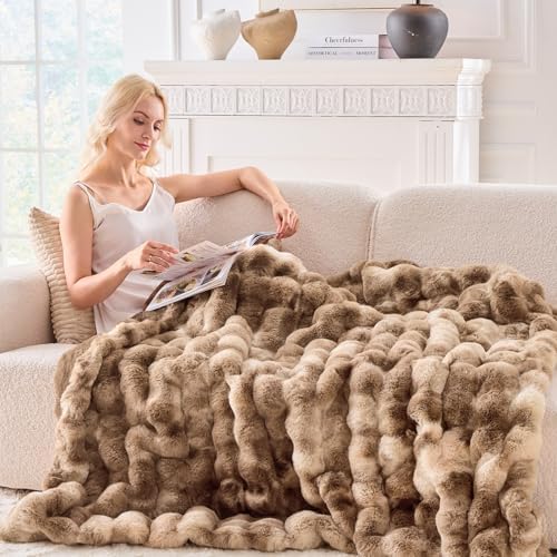 BENVWE Fluffy Faux Fur Throw Blanket for Couch - Soft, Plush, Thick, Cozy, Fuzzy Luxury Minky Bubble Blanket for Home