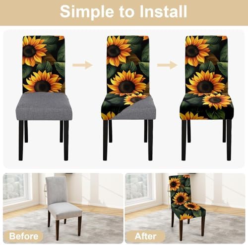 Sunflower Chair Covers for Dining Room – Stretch Floral Slipcovers with Bright Yellow Sunflowers on Dark Background – Washable Decorative Seat Protectors for Kitchen, Summer, Farmhouse Decor,Set of 4