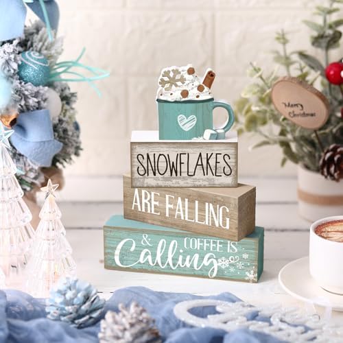 Moucuny 4 Pcs Wooden Block Signs Farmhouse Table Decor Winter Coffee Cup