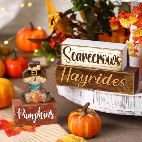 4 Pcs Fall Decor for Home Scarecrow Cute Wooden Sign Fall Tiered Tray Decor