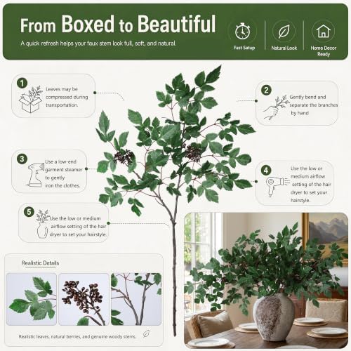 HyeFlora Artificial Cimicifuga Plant Leaf Spray Stems 4PCS Fake Greenery Branches 28.7 in Faux Leaves Real Touch Silk