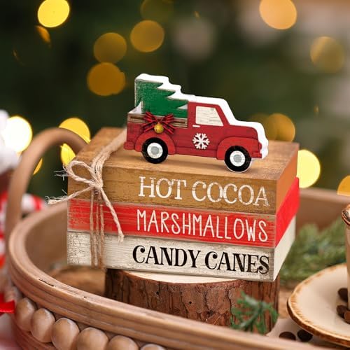 4 Pcs Christmas Tiered Tray Decor Red Truck Wooden Book Signs
