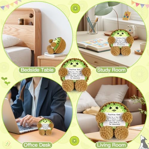 Funny Positive Crochet Kiwi Gift Emotional Support Crochet Fruit with Positive Card for Coworker Family Inspirational Handmade Fall Holiday Birthday Kiwifruit Gifts for Office Home Desk Decor