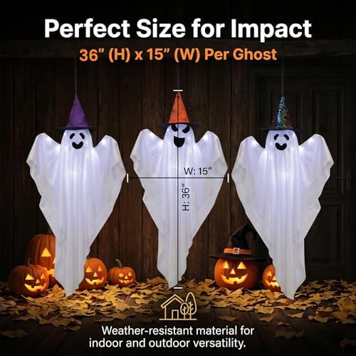 3 Packs Halloween Decorations Outdoor - BCLGSHINE Lighted Hanging Ghost Decorations with Hats & 45 LEDs, 36 Inch Halloween-Ghost Lights for Porches, Party, Yards, Gardens, Lawn