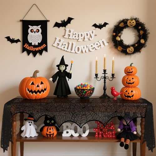 2 Pcs Halloween Mantle Scarf, Black Lace Spiderweb Fireplace Mantel Scarf, Halloween Fireplace Decor Cover Garland for Door Window Indoor Curtain Festive Party Supplies, 18 x 83 Inch