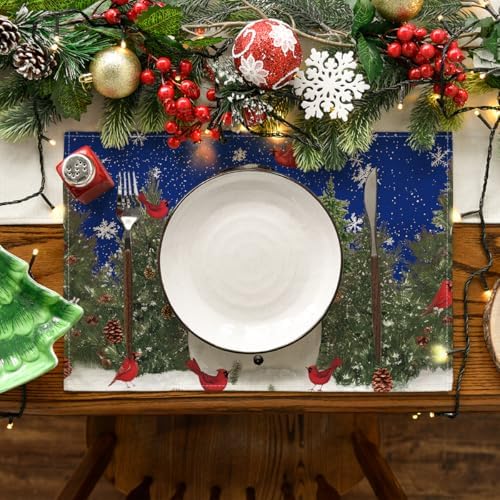 Artoid Mode Snowman Trees Blue Christmas Placemats for Dining Table, 12 x 18 Inch Seasonal Winter Birds Xmas Holiday Washable Table Mats Set of 8