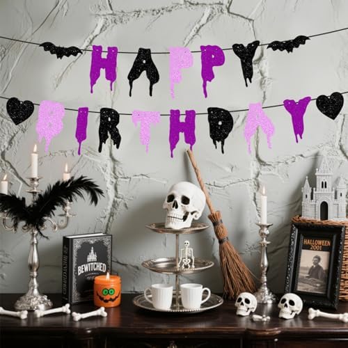 Happy Birthday Halloween Banner NO DIY Glitter Halloween Birthday Party Decorations for Home Office Wall Mantle Scary Party Decorations (Purple Black Pink)