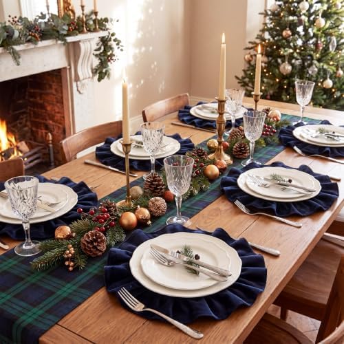 FoldTier 6 Pcs Christmas Navy Blue Velvet Placemat Round Ruffles Placemat