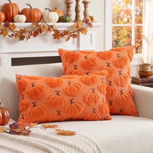Artscope Pumpkin Fall Throw Pillow Covers 18x18 Set of 2, Autumn Soft Plush Faux Fur Decoration Cushion Covers for Thanksgiving Holiday Couch Sofa Bedroom Home Decor-Orange