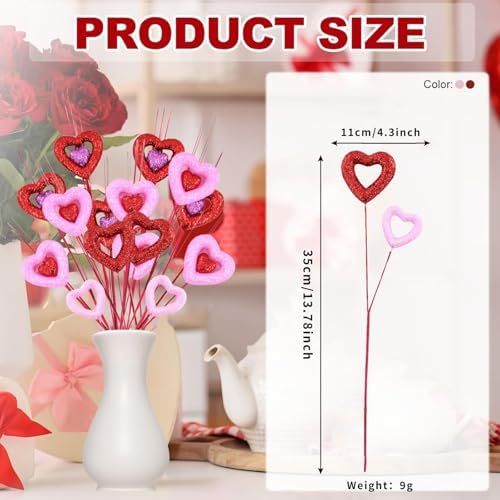 6PCS Valentine Day Decorative Floral Picks, Glitter Heart-Shaped Decorative Picks for Vases, Glittering Red and Pink Romantic Vase Fillers for Weddings, Anniversaries, Home & Table Decor​