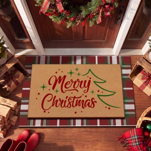 Tinideya 2 Pcs Merry Christmas Layered Doormat Set