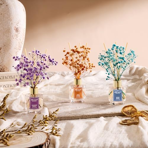 Airkeep Reed Diffuser Set of 3, Ocean Breeze Sweet Orange Cashmere Vanilla Oil Reed Diffusers for Bedroom Living Room