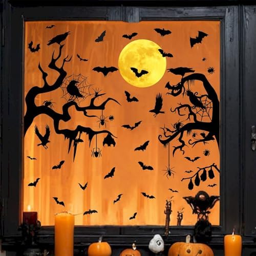 Moon Bat Wall Decals Halloween Crow Tree Branch Wall Stickers Window Clings