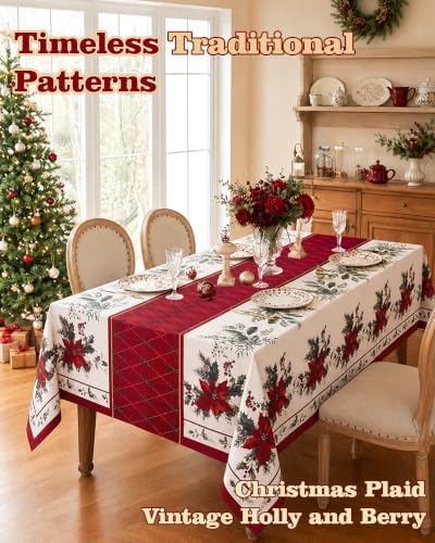 Christmas Tablecloth Rectangular, Holiday Dining Decor, 60x84 Inch