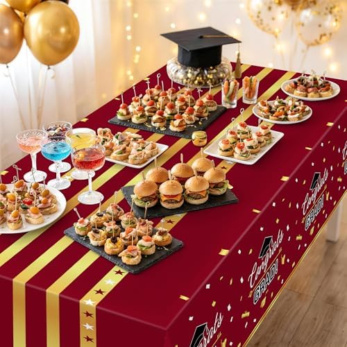 Childom 3 Pack Graduation Tablecloth,Graduation Decorations 2026 Graduation Party Decorations,54"x108"Wine Red and Gold Graduation Decorations,Disposable Plastic Table Cloth Rectangle for Grad Party