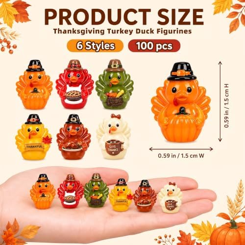 100Pcs Fall Mini Resin Ducks 6 Styles Thanksgiving Tiny Turkey Duck