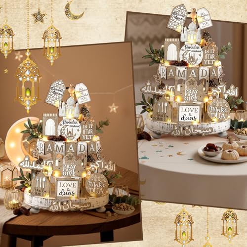 Shellwei 20 Pcs Eid Mubarak Tiered Tray Decor Ramadan Mubarak Table Decor Rustic Wooden Tabletop Signs for Home Black and Gold Muslim Islam Centerpiece for Islamic Gifts Kareem Home Table