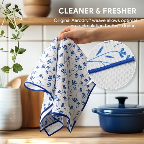 RECYCO Waffle Kitchen Towel Set of 2 - Quick Dry Microfiber Sustainable Dish Towels - Ultra Absorbent Reusable Cleaning Tea Towels - Lightweight Hand Towels,16”x 28”, Coastal Bliss